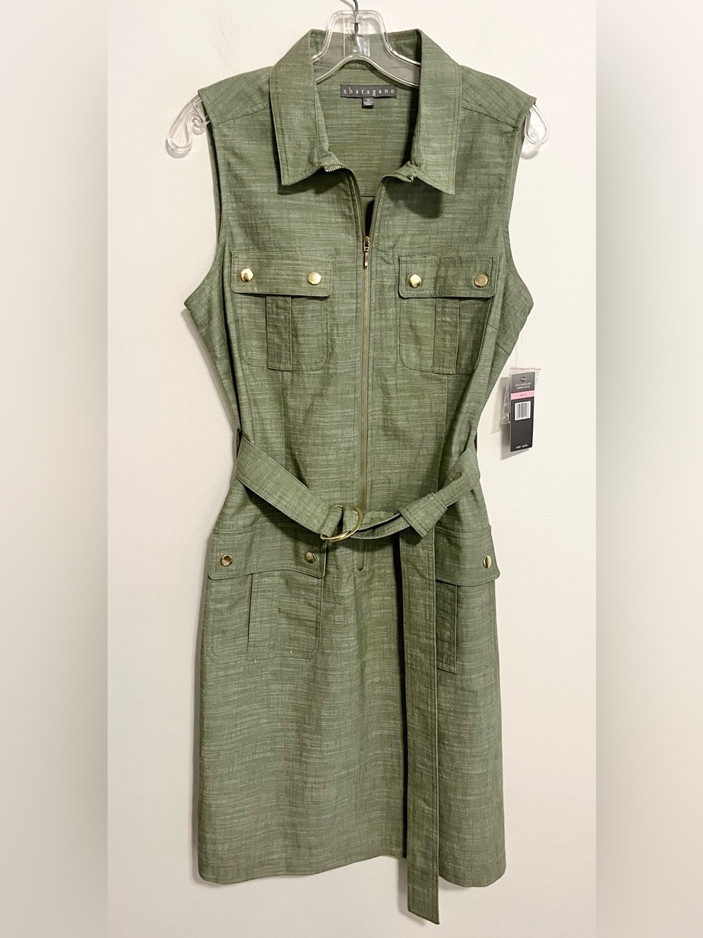 NWT Sharagano Sleeveless Zip Front Belted Shirtdress in Olive Green. Size 10